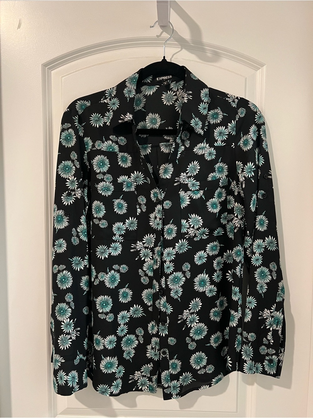 Express Women’s Black Floral Button-Up Shirt